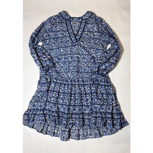 Shoshanna Umbrella Mini Dress Blue Floral Embroidered Boho Peasant Size Medium